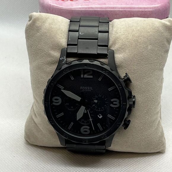 Fossil Nate JR1401 Men Black Stainless Steel Analog Dial Chronograph Watch JMB34 - Picture 1 of 12